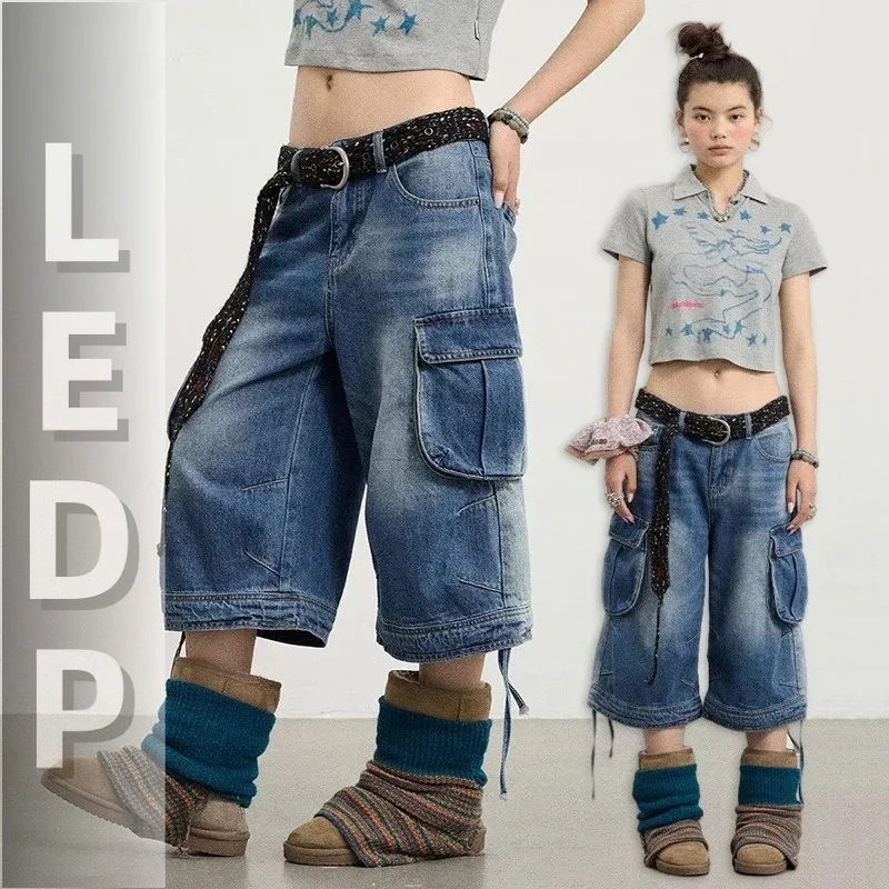 Pantalones Bermuda Cargo con Bolsillos IMU Boyfriend para Mujer y Hombre, Shorts de Mezclilla con Cordón, Jeans Holgados Estilo Vintage, Skater de los 90, Y2K, Streetwear