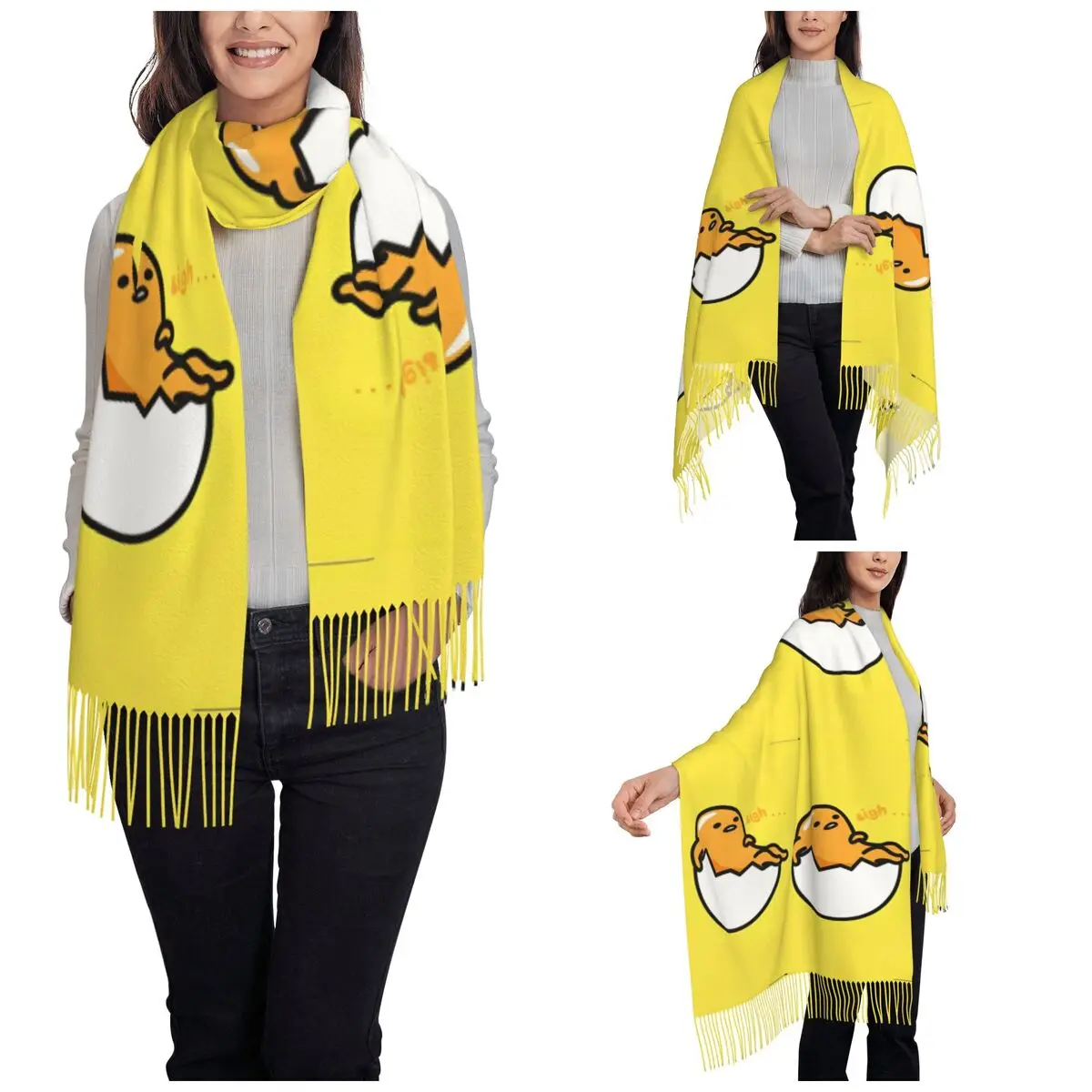 Women's Tassel Scarf Gudetama The Lazy Egg Large Super Soft Shawl and Wrap Daily Wear Cashmere Scarf