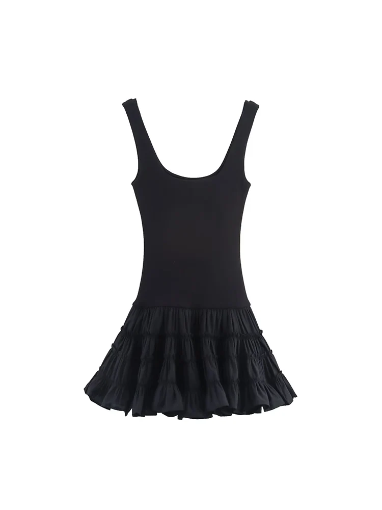 TFMLN 2025 الصيف امرأة ساحة طوق فستان قصير للحفلات موضة عارية الذراعين أكمام مطوي هيم لصق تزيين فستان بكتافة