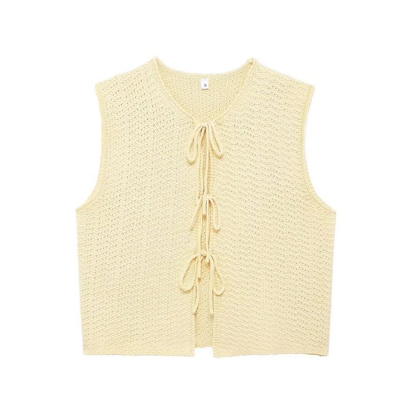 TRAF Knitted Sleeveless V Neck Vests For Women Fashion Bow Tied Vest Jacket Woman Waistcoat Summer Streetwear Female Outerwear