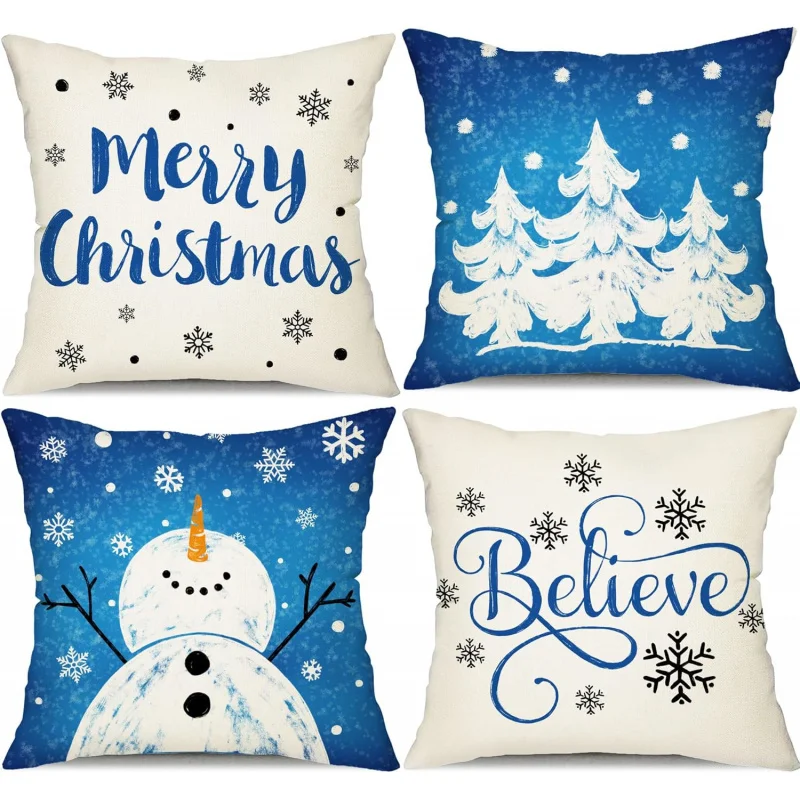 

Blue Christmas Pillow Covers Set of 4 Decorations Merry Tree Believe Snowflake Winter Holiday Throw Cushion Case for Home Couch