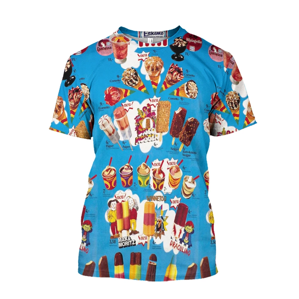 T-Shirt manches courtes col rond femme, estival et décontracté, avec impression 3D Ice Cream, tendance 2025