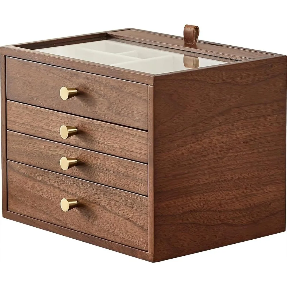 Black Walnut Wooden Jewelry Box for Women Layer with Glass Lid and Pull-out Necklace Storage Layer Watch Necklace Ring Earring