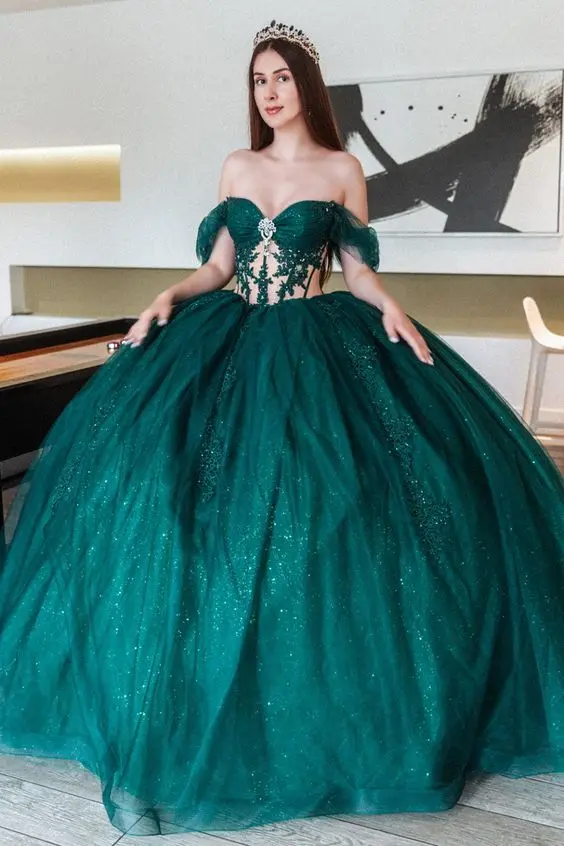 

Hunter Green Quinceanera Dresses Ball Gown Off Shoulder Sweetheart Beaded Sequined Lace Applique Tulle Illusion Party Gowns