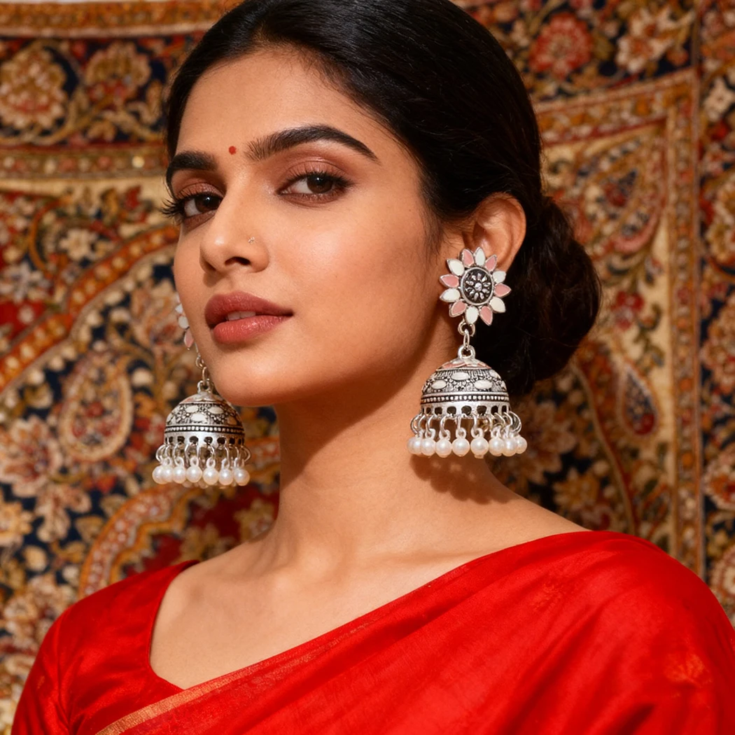 Retro Bell Pendant Pearl Tassel Indian Earrings for Women Boho Afghan Silver Color Enamel Flower Turkish Jhumka Earrings Jewelry