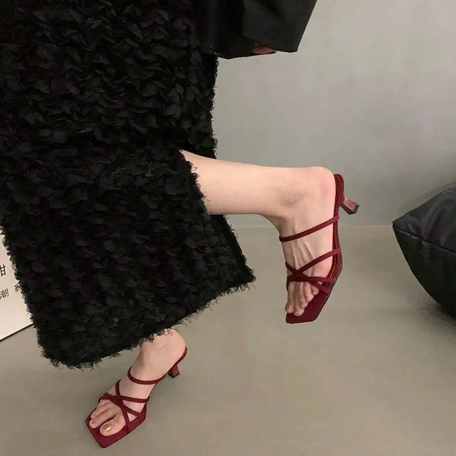 

Womens Square Toe Cross Strap High Heel Mule Sandals Red Black Apricot PU Upper Rubber Sole