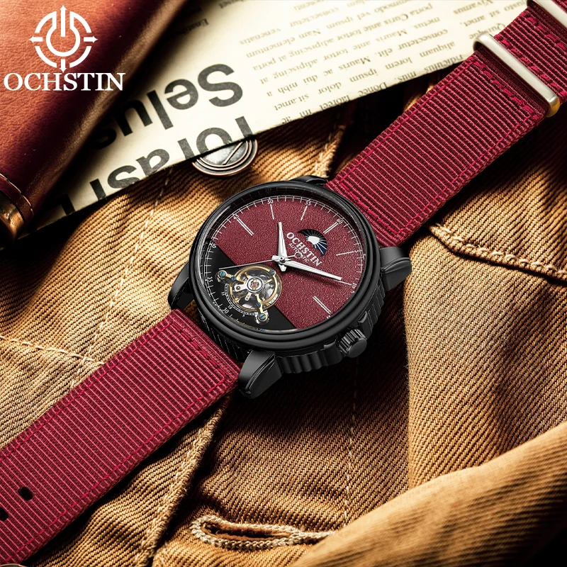 OCHSTIN Man Outdoor Premium Tourbillon Mechanical Watch Men's Flexible Quick-dry Genuine Nylon Strap Moon Phrase Male Clock