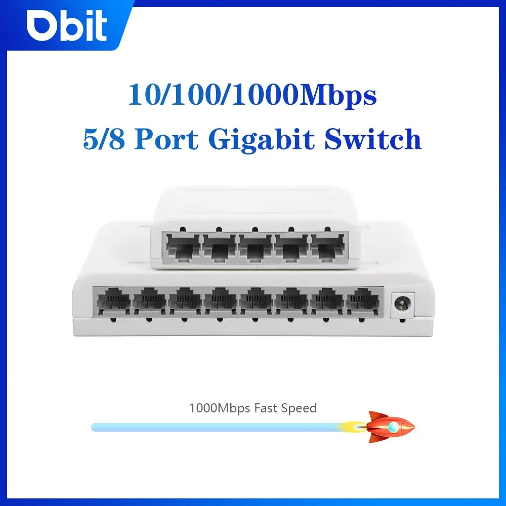 Switch dati Gigabit a 5-8 porte DBIT, Hub di rete, Splitter Ethernet Desktop, porte schermate Plug & Play Mini portatile silenzioso senza ventola