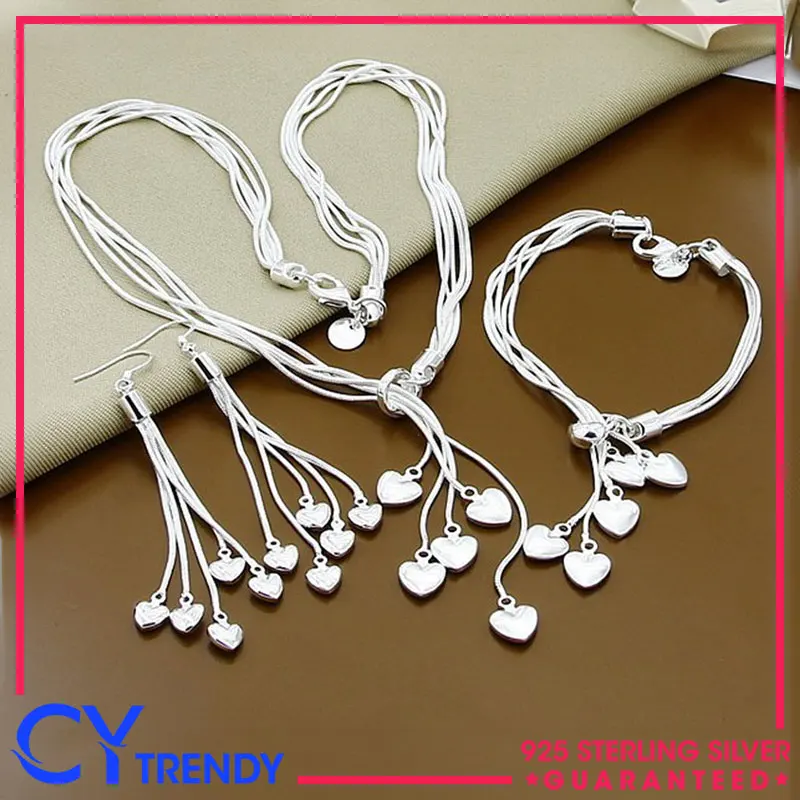 925 Sterling Silver Multilayer Heart Style Women Earrings Necklaces Bracelets Fashion Jewelry Set