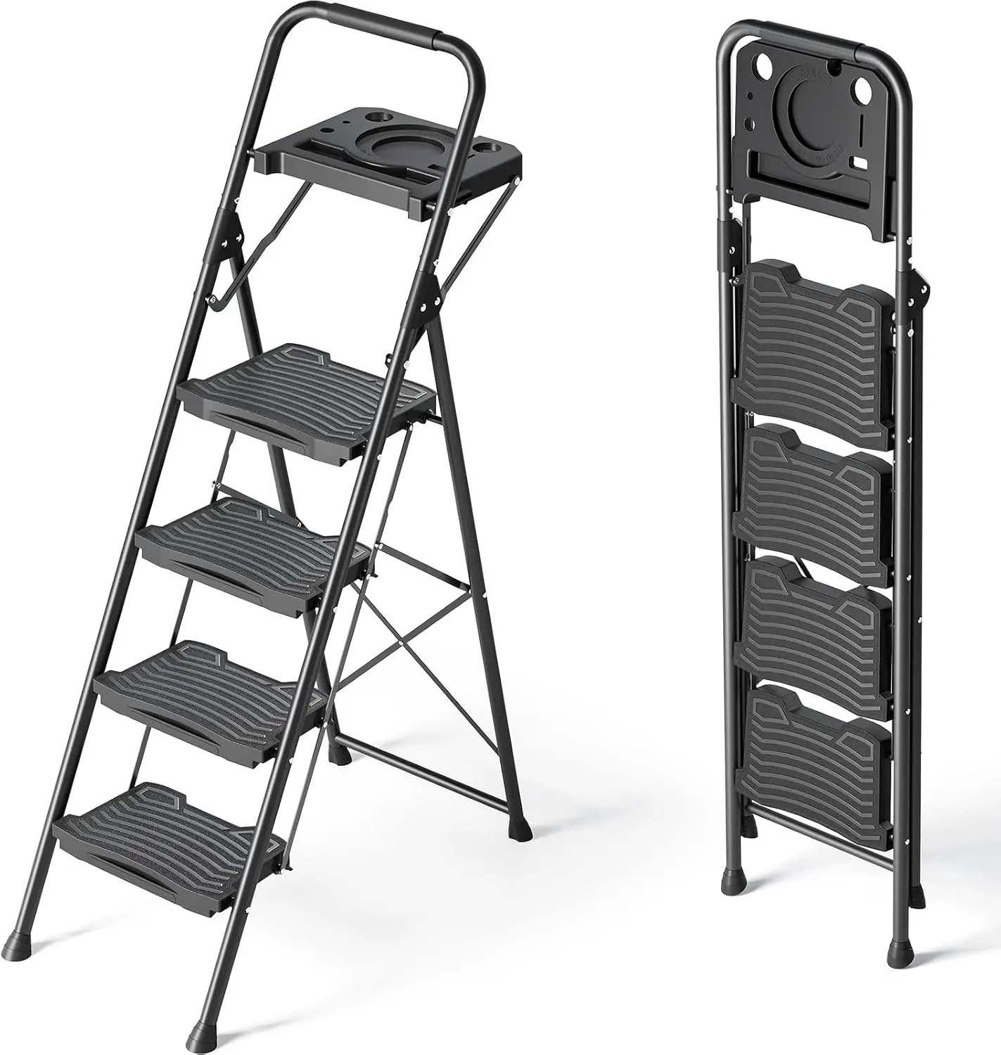 4 Step Ladder with Tool Platform,Sturdy Step Stool, Anti-Slip Wide Pedals, Handrail, Foldable Step Ladder, Pass 900LBS Testing