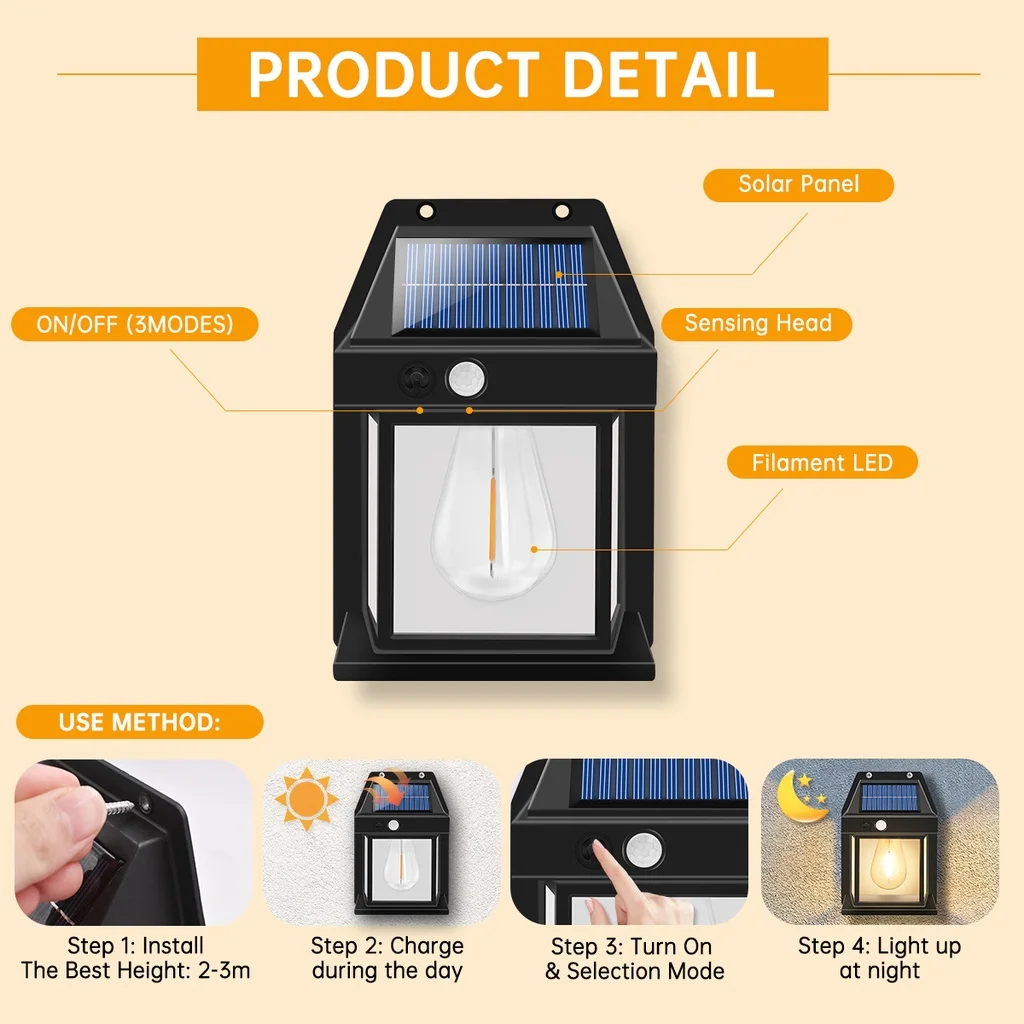 Lampu Dinding tenaga surya, lampu dinding tenaga surya Tungsten tahan air, nirkabel, lampu keamanan, lampu senja ke fajar, pencahayaan eksterior untuk teras, beranda, garasi