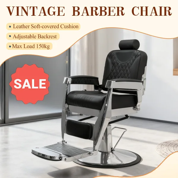 Black Portable Stainless Steel Heavy Duty Old Style Barber Chair Reclining Salon Styling Chair with Headrest for Men Haircutting