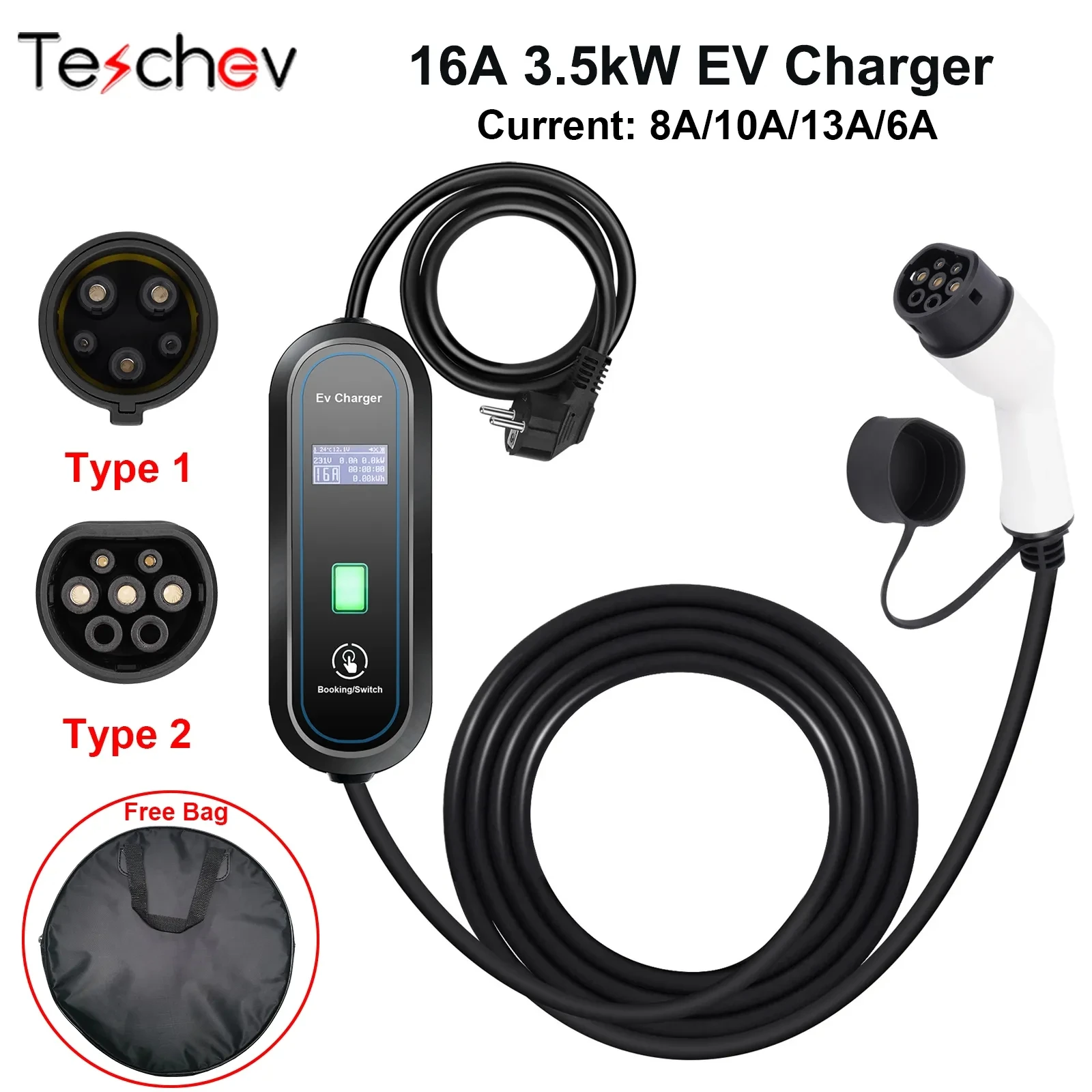 

Teschev Portable EV Charger Type2 IEC62196-2 16A EVSE Charging Cable Type1 SAE J1772 EU Plug Controller GBT Charger Wallbox