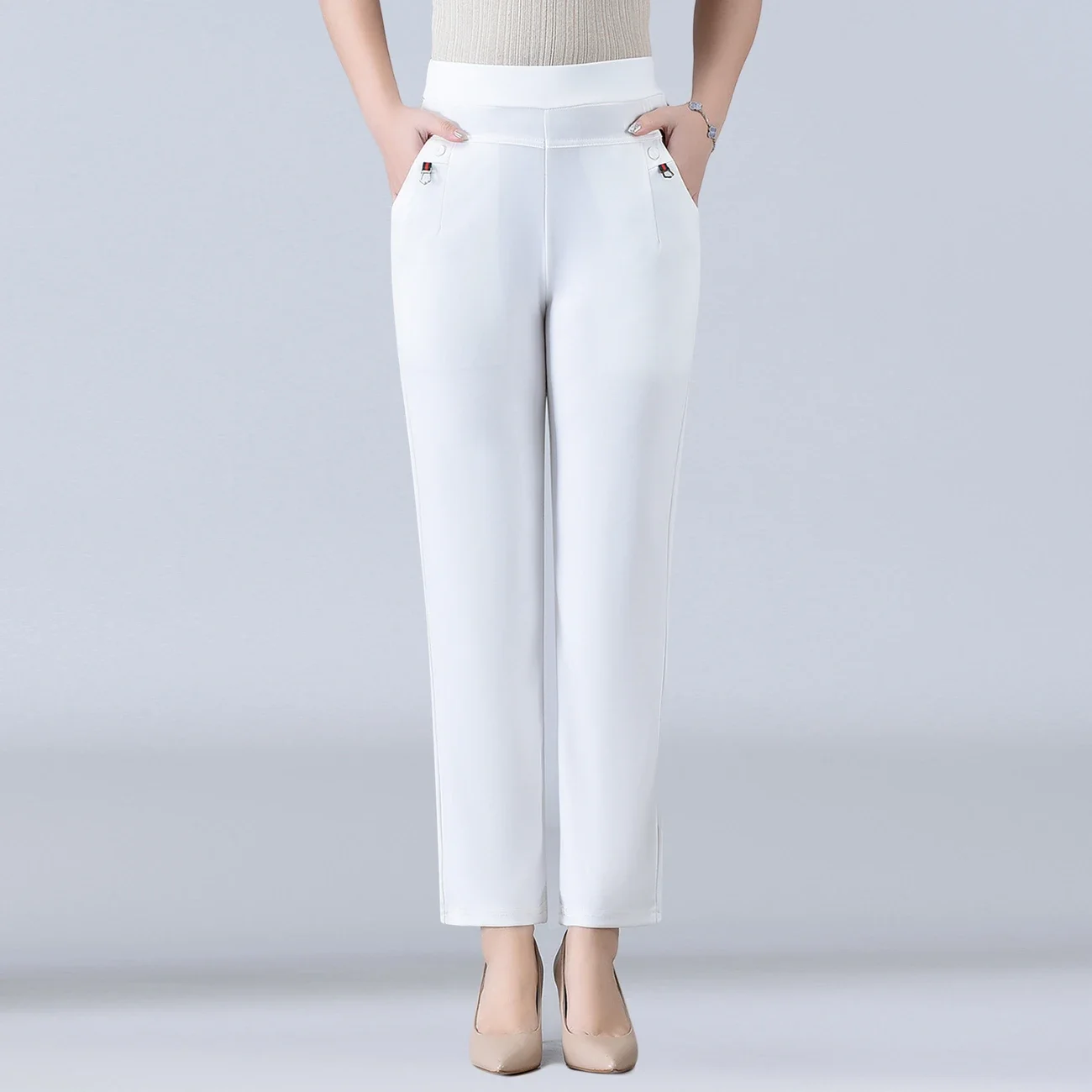 Candy Color Korean Stretch Pants Slim High Waist Straight Pants Women Trouser Patchwork Pocket Casual Thin Classic Pantalones