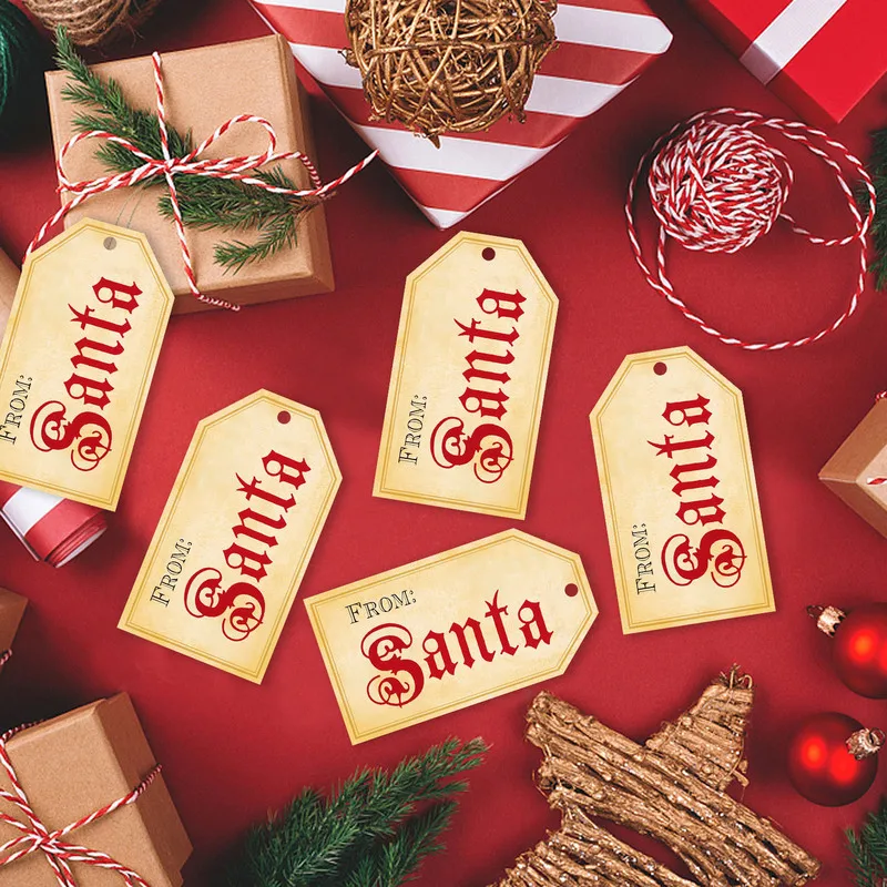 20pcs Vintage Santa Claus Gift Tags ,Xmas Floral English Perforated Labels，Christmas Gift Wrapping Tags