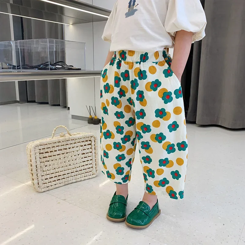 Baby Girls Wide Leg Pants Kids Korean Style Clothes 2024 Summer Baby Floral Trousers 1-6Yrs Children\'s Elastic Waist Loose Pant