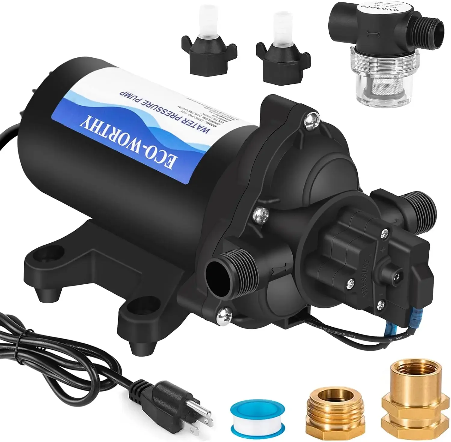 Series Industrial Water Pressure Pump 110V AC 4.0GPM 50PSI RV Fresh Water Diaphragm Pump include Garden Hose Adapt