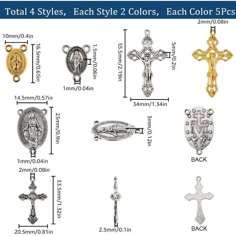 40Pcs 8 Styles Rosary Cross Charms Silver Crucifix Rosary Charm Easter Holiday Gold Tibetan Alloy Oval Chandelier Links Charm