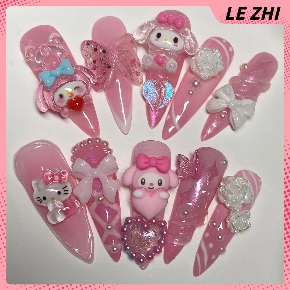 3D Flowers Xl Long Square Coffin Handmade Nails Party Sticker Spice Girl Sanrio Hello Kitty Glitter Diamond Pearl Fake Nail