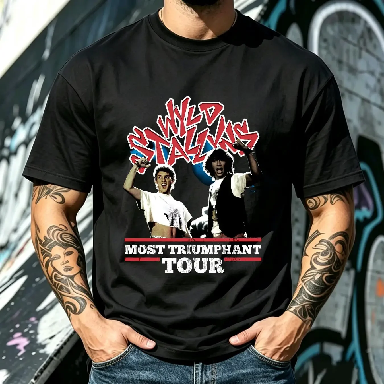 washed T Shirt Bill and Ted Wyld Stallyn Most Triumphant Tour Black long or short sleeves vintage Washed homme graphic