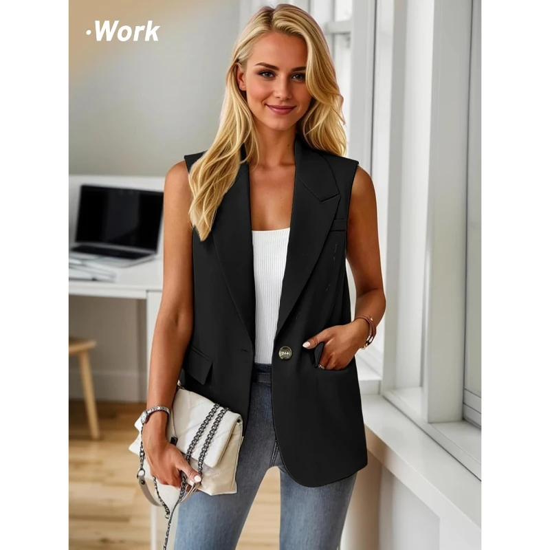 Plus Size Women Summer Sleeveless Vest Tops Lightweight Fully-lined Fashion Casual Work Office Blazers With Pockets