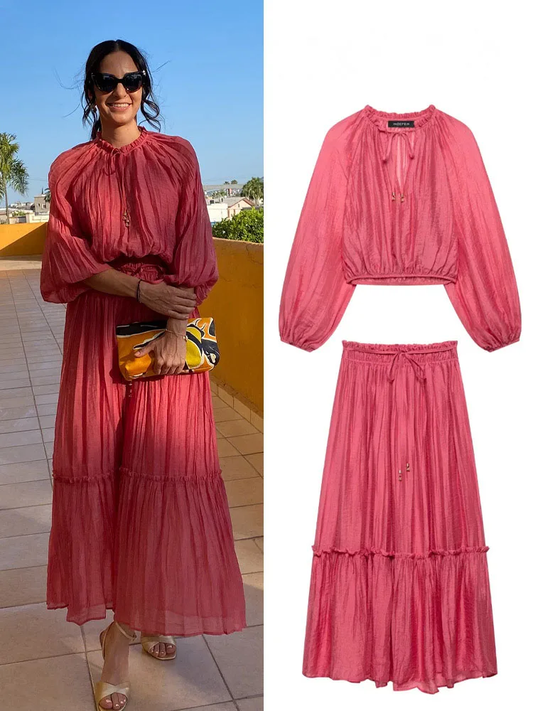 HH Women's 2025 Summer Skirt 2-Piece Set Fashion V-neck Wrinkle Effect Short Long Sleeve Top+High Waist Lace-up Loose Skirt