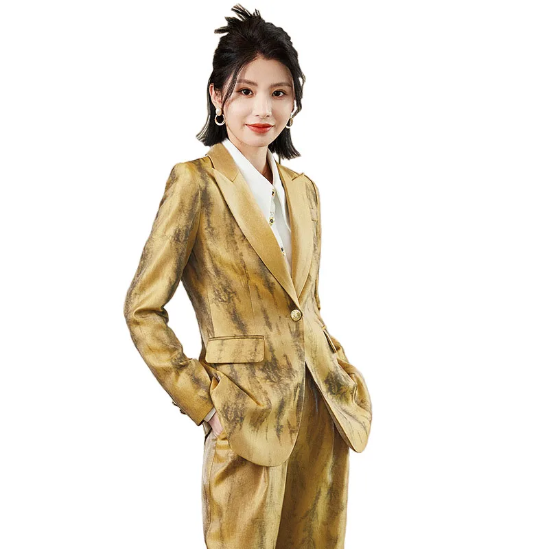 Women Golden Black Formal Pant Suit Autumn Female Tie-dye Blazer and Trouser 2 Piece Set For Office Ladies Winter Work Wear