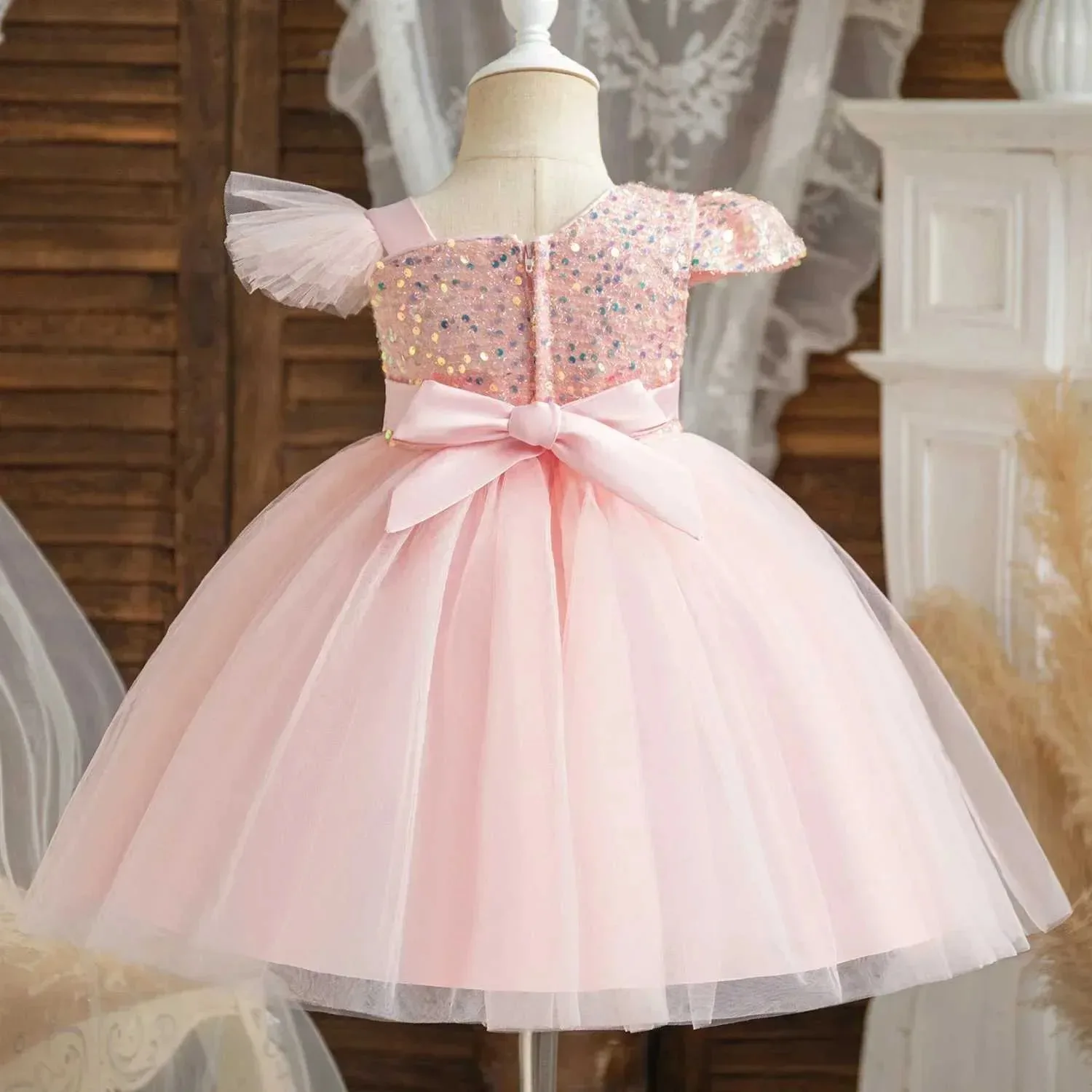 Vestidos de princesa de flores para niña, vestidos de boda con lazo y lentejuelas hasta la rodilla, fiesta de cumpleaños para niña, vestidos de primera comunión