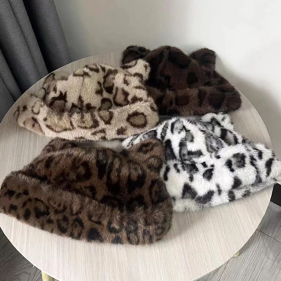 

2025 new Retro leopard print plush bucket hat women's autumn and winter thickened warm ear protection imitation mink hair