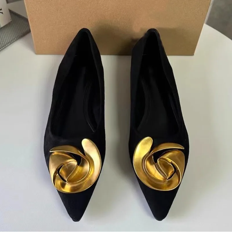 Pointed Toe Summer Women Flats Elegant Metal Flower 2024 Trend Black Luxury Female Dress Shoes Solid Work Office Footwear