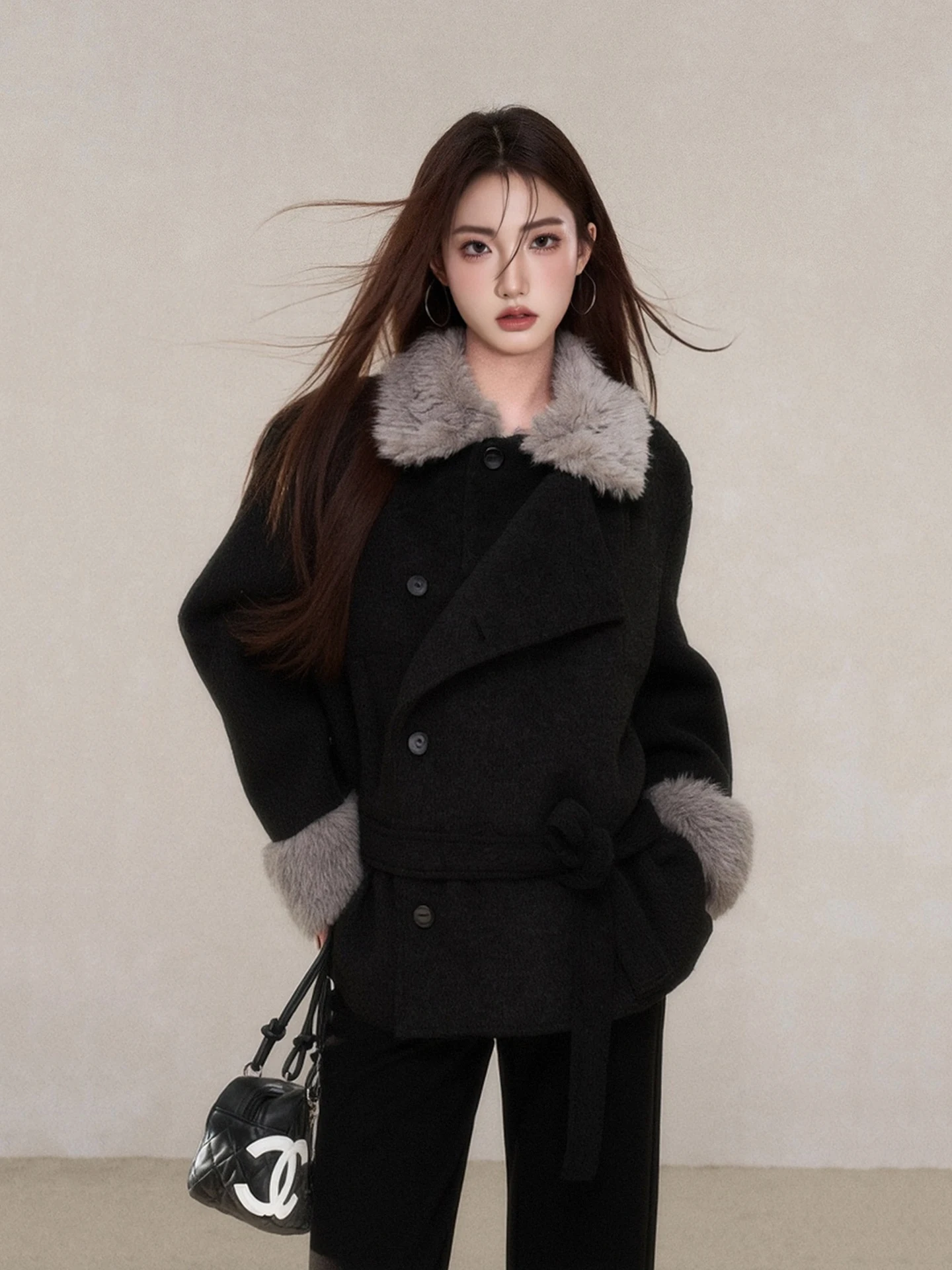 

Korean Sle Women's Loose Woolen Coat with Fur Collar Belted Winter Faion 2025 Pure E-commerce S Long Sve Pure Color