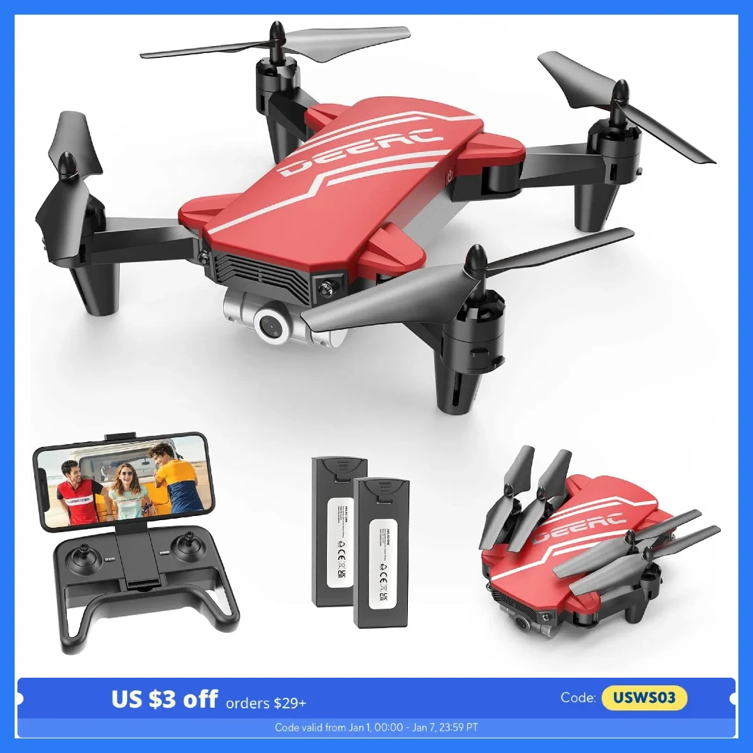 DEERC D20 Mini Drone 720P HD FPV, Altitude Hold, Headless, 3D Flips, 2 Batt., Red,C0.