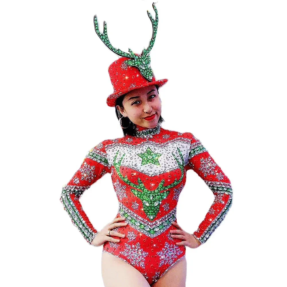Body imprimé flocon de neige avec strass brillants pour femmes, chapeau d'élan, Costumes de noël, chanteur, danseuse, vêtements de scène, tenue de jeu de rôle