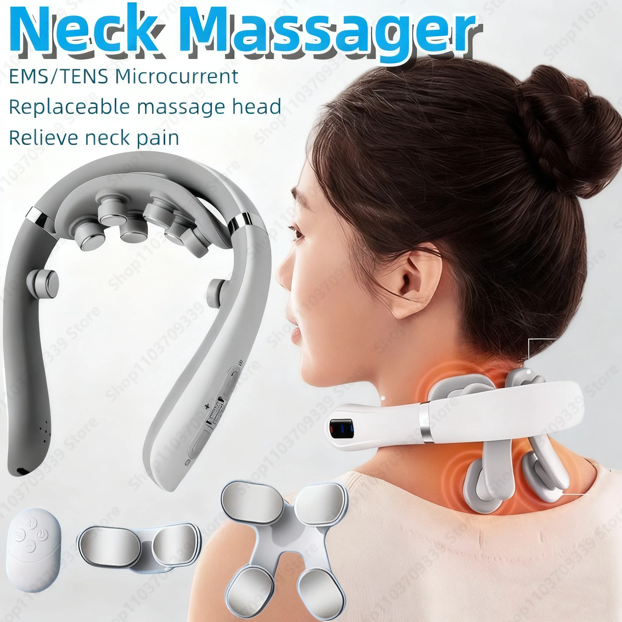 Neck Massager Electric Microcurrent Multi-Head Replaceable Wireless Knead Shiatsu Heating Vibration Cervical Shoulder Massager