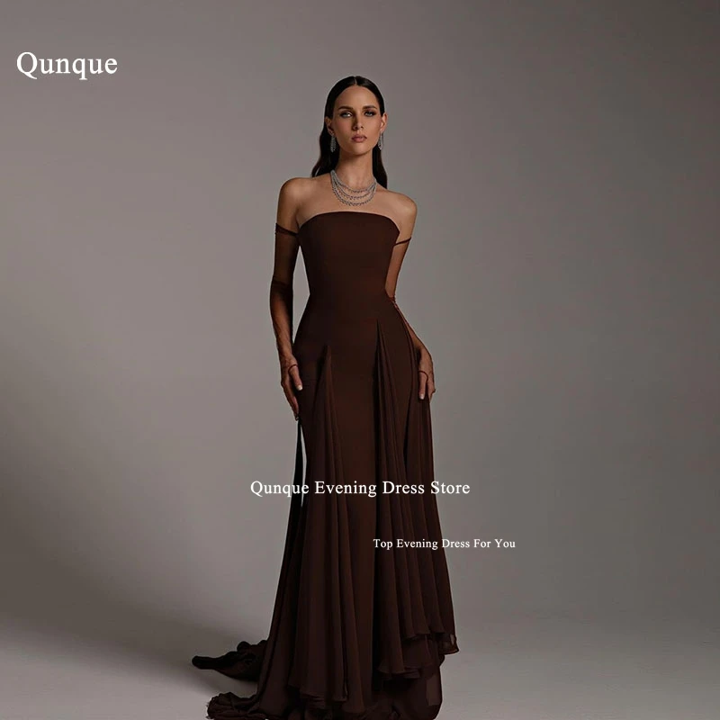 Qunque Generous Chiffon Mermaid Evening Dresses Off the Shoulder Sleeves Brown Prom Gowns Pleated Customized Vestido De Noche