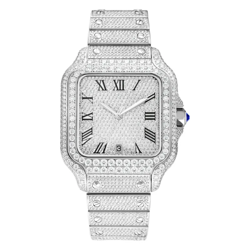 High end square design luxury gold VVS silica watch waterproof men's diamond chilled watch