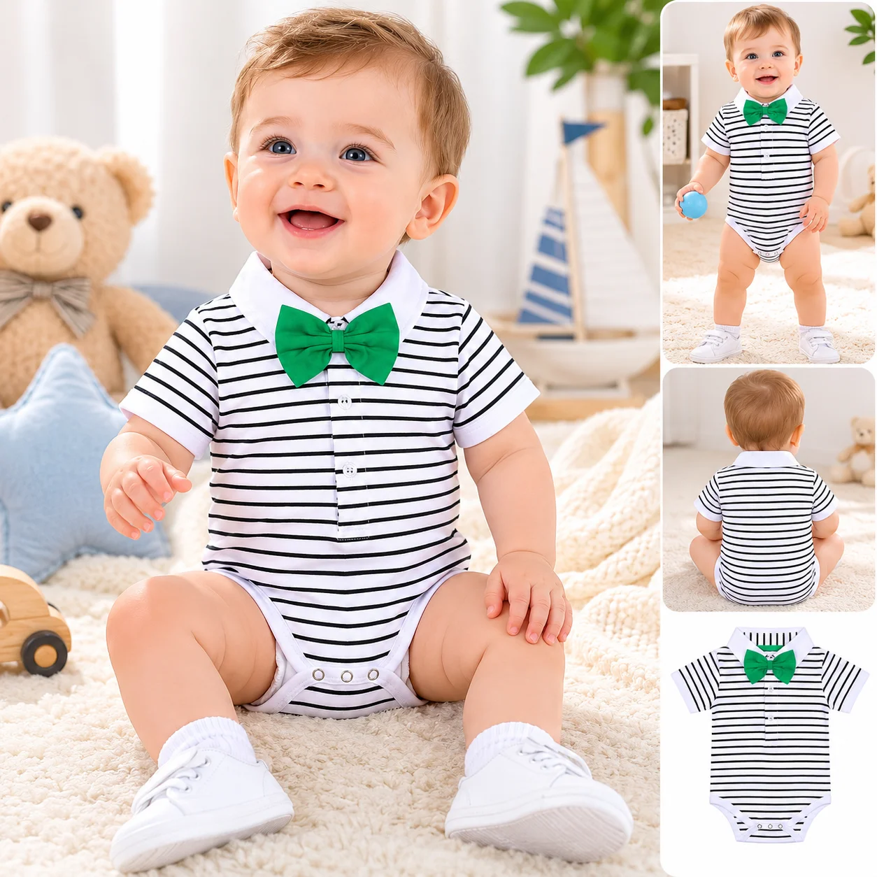 Traje de fiesta para bebé niño de 3 a 24 meses, mono a rayas con lazo verde, body de caballero de manga corta para cumpleaños y bodas