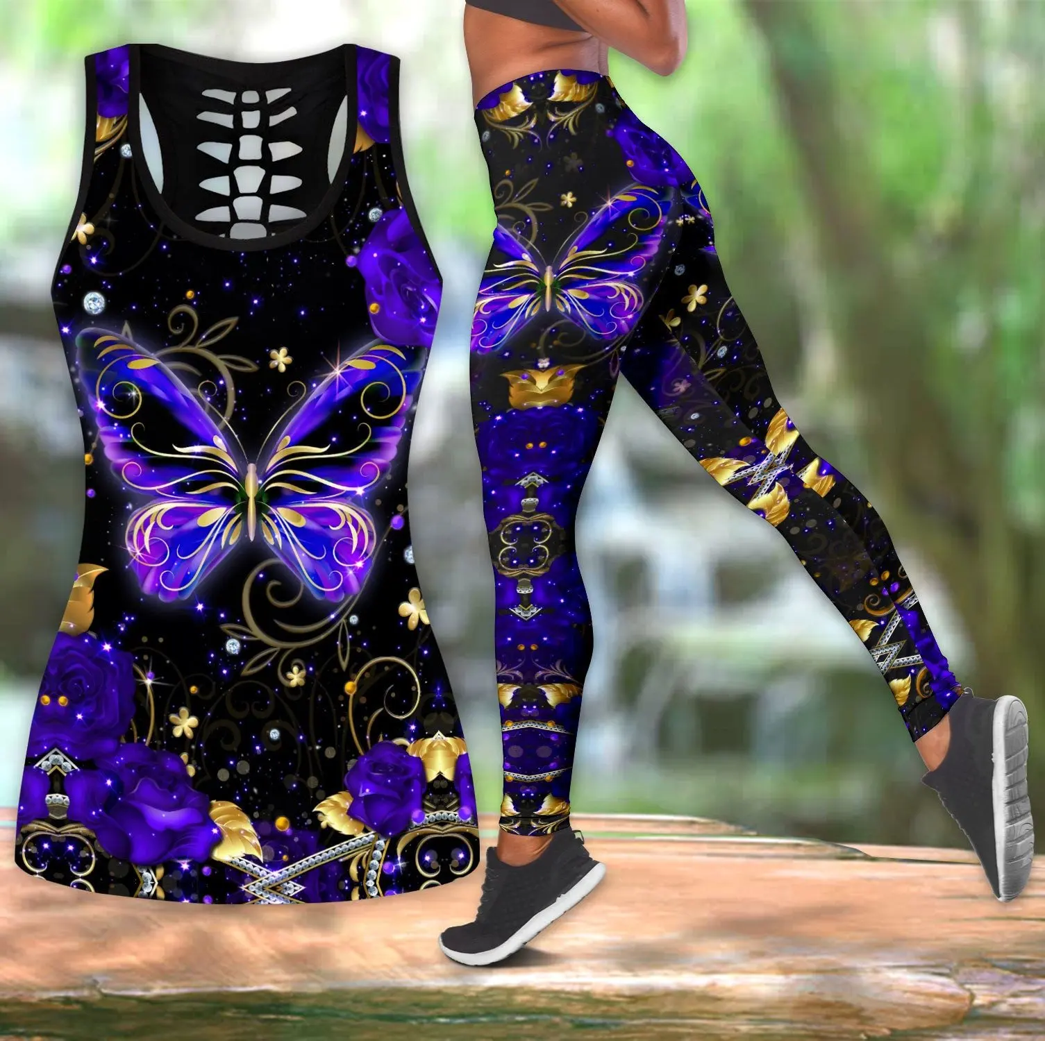 PLstar Cosmos Butterfly 3D-gedrucktes hohles Tanktop und Leggings-Set für Damen in voller Länge, Fitness, Yoga, Laufhose KBX04