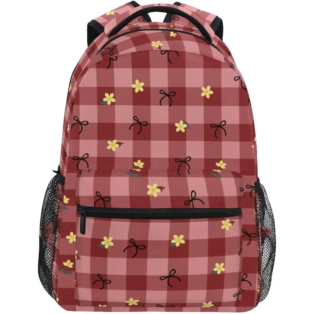 

Red Gingham Plaid Backpack Cute Bow Flower Print School Bag Lightweight Casual Daypack For Teens Students Travel Daily Use