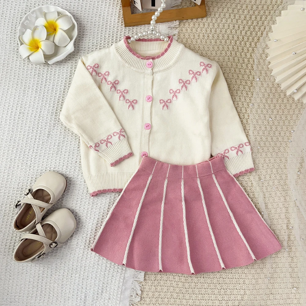 Korean Version Sweet Bow Printed Girl Outfits Autumn and Winter Knitted Long Sleeved Sweater Cardigan Short Skirt Girls' Clothes