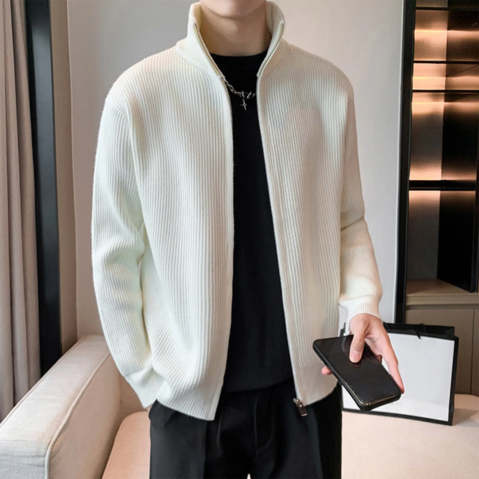 Men Sweater Coat Solid Color Stand Collar Casual Simple Jacket Top Casual British Style Fashion Trend Knitted Cardigan Outwear