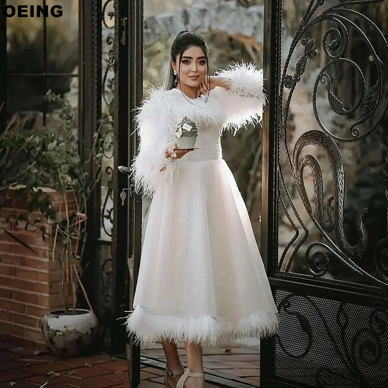 

OEING White A-Line Prom Dresses Elegant Feather Tea Length Evening Dress Special Occasion Celebrity Gown Vestidos De Noche