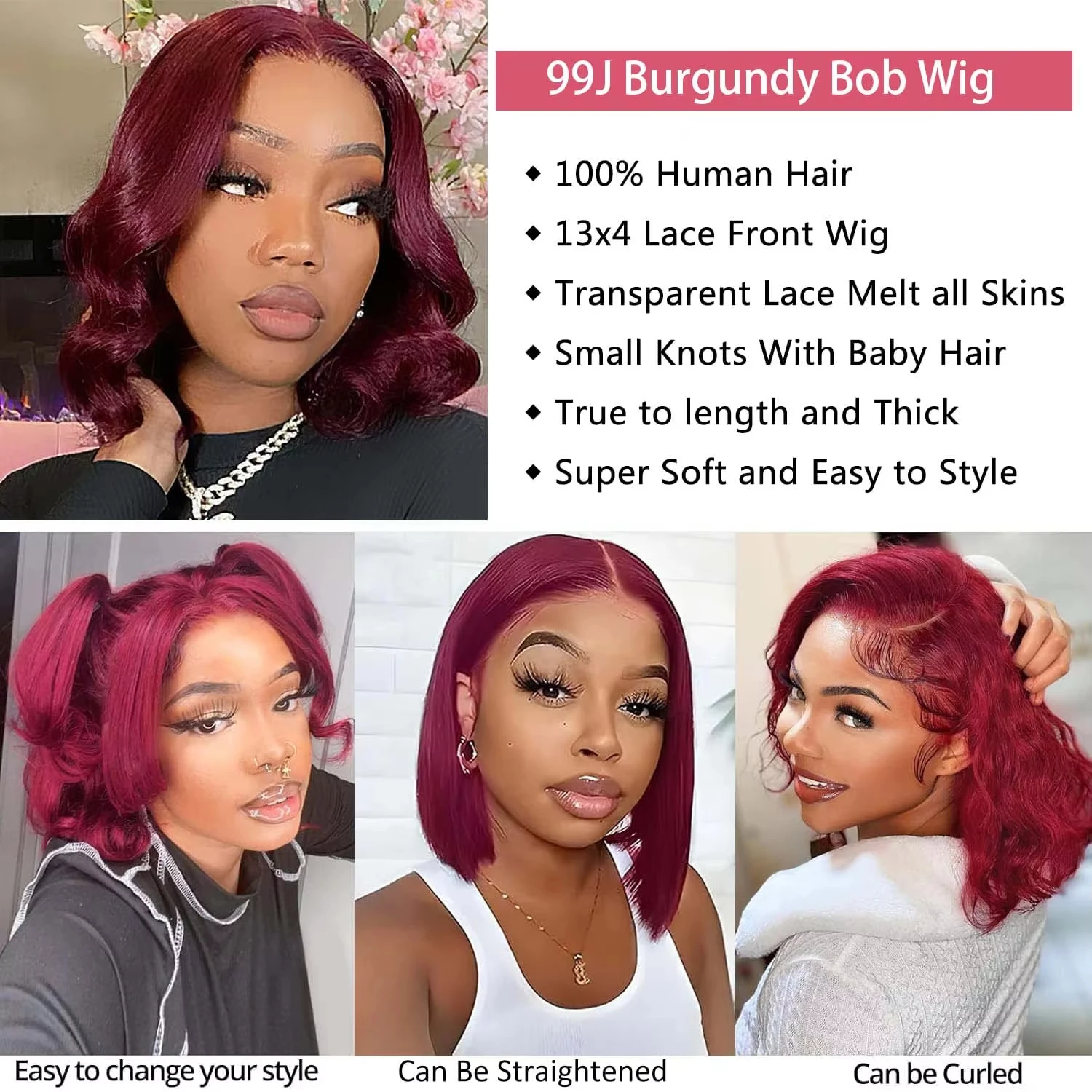 99J Burgundy Body Wave Bob Wig Human Hair 13X4 Lace Front Wigs HD Lace Frontal Wigs Pre Plucked Frontal Wigs Human Hair