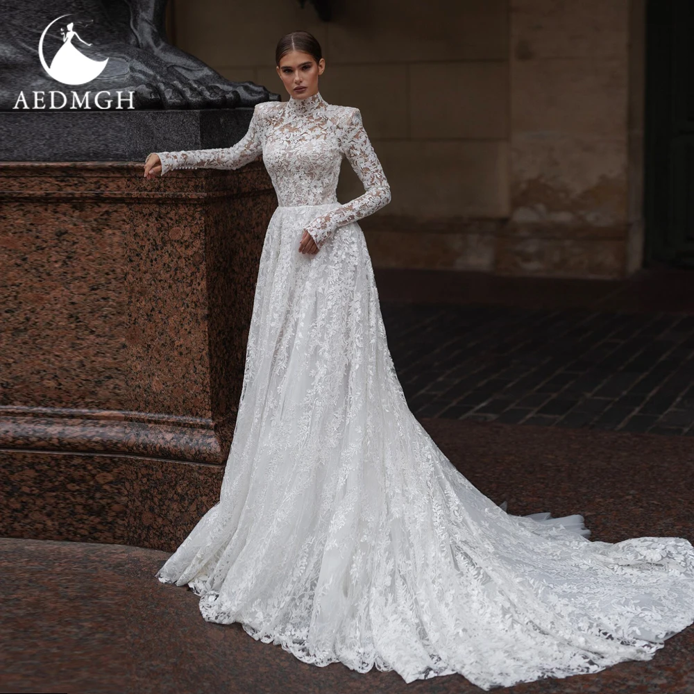 

Aedmgh A-Line Graceful Wedding Dresses 2024 High Neck Long Sleeve Vestido De Novia Lace Embroidery Vintage Robe De Mariee