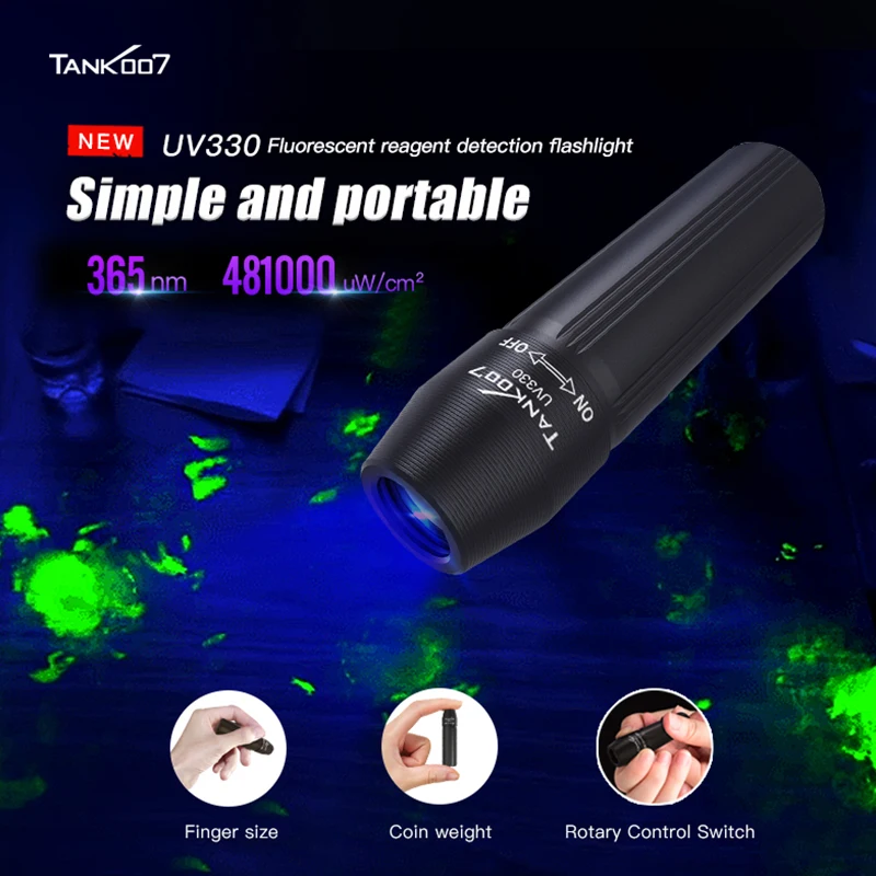 TANK007 UV Flashlight 365nm Ultraviolet Black Light Torch mini Compact Fluorescence Reaction Detection Tool UV Lamp