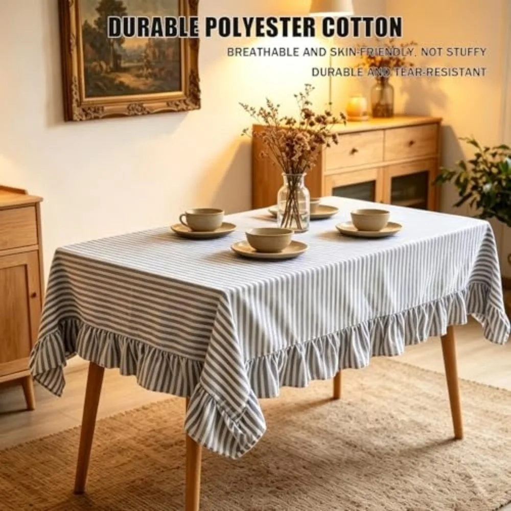 Premium Vertical Striped Table Cover Washable Ruffle Trim Farmhouse Tablecloth Wrinkle-Resistant Rectangular Tablecloth Kitchen