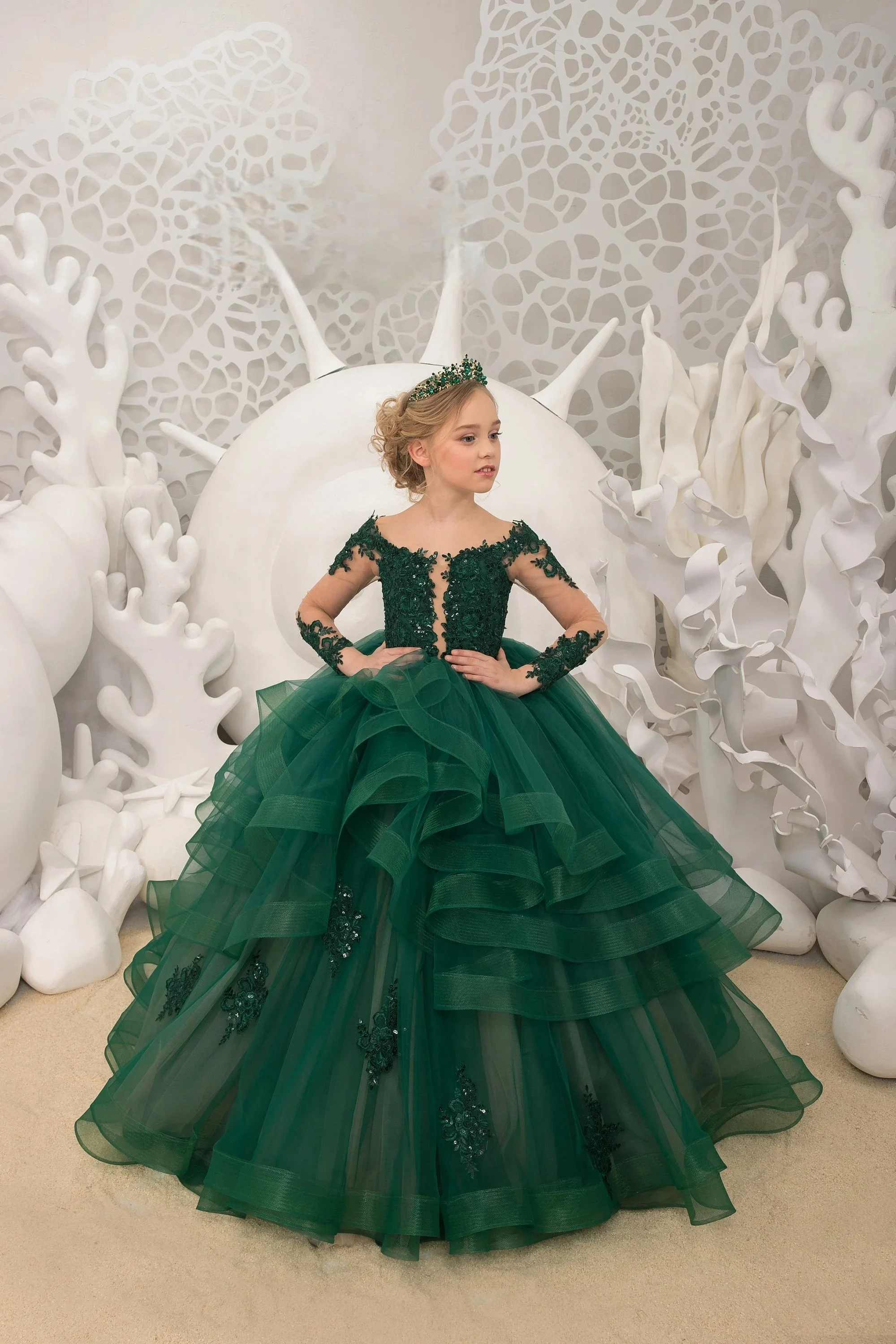 

Emerald Green Lace Tulle Long Sleeve Formal Flower Girl Dress for Special Occasions, Bridesmaid Parties, Weddings, Pageants