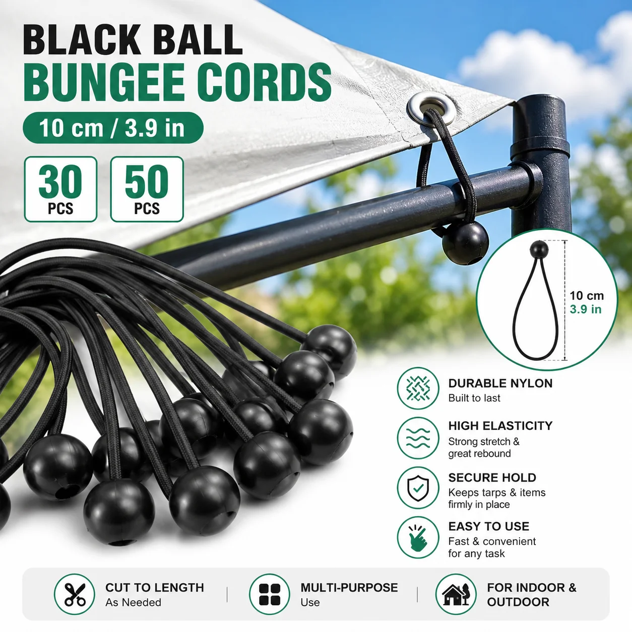 30/50PCS Black Ball Bungee Cords 10cm Nylon Elastic Tie Down Straps for Tarp Tent Canopy Camping Cargo