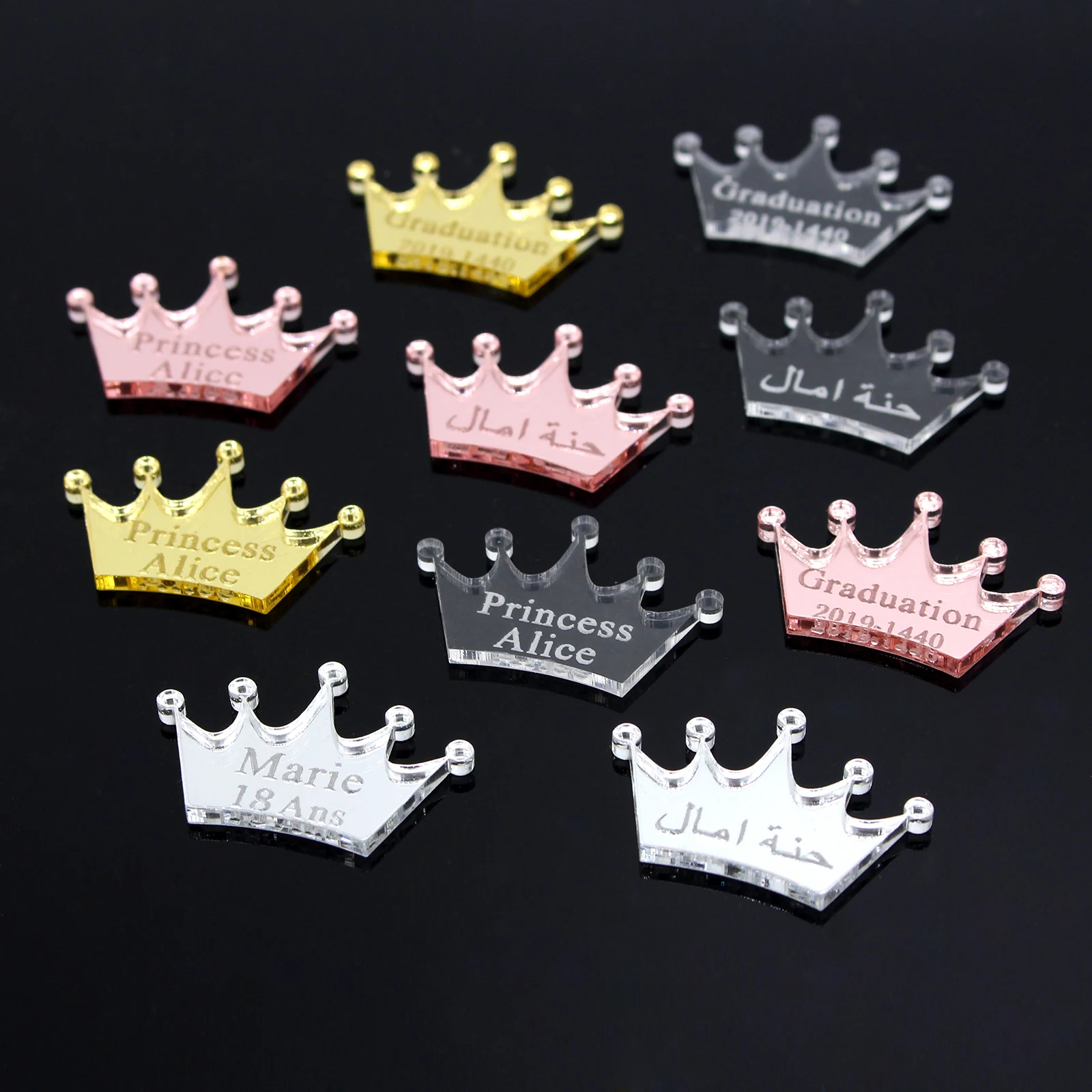 30pcs Personalized Mirror Crown Wedding Tags Table Center Decoration Card Acrylic Baby Name Sign Party Favors Laser Cut Gift