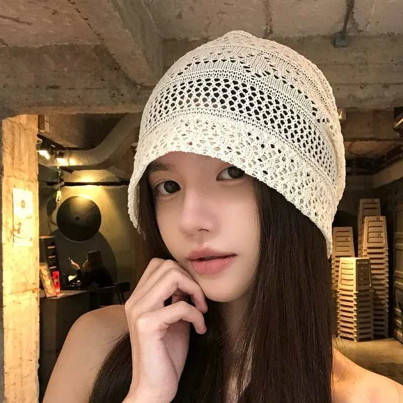 New solid color lace beanie hats women, thin and breathable, Korean style, makes face look smaller, versatile hat